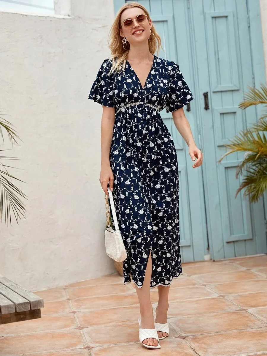 CM-DS702091 Women Casual Seoul Style Butterfly Sleeve Floral Print A-Line Dress - Navy Blue