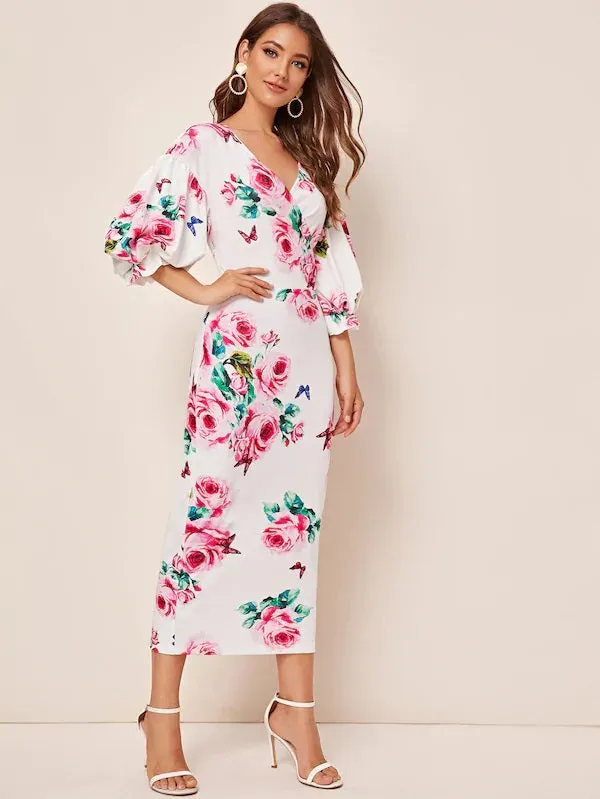 CM-DS730791 Women Elegant Seoul Style Surplice Neck Lantern Sleeve Split Hem Floral Dress - White