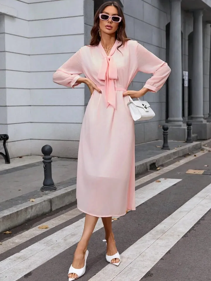 CM-DS818812 Women Casual Seoul Style Bow Tie Neckline Puff Sleeve Midi A-Line Dress - Pink