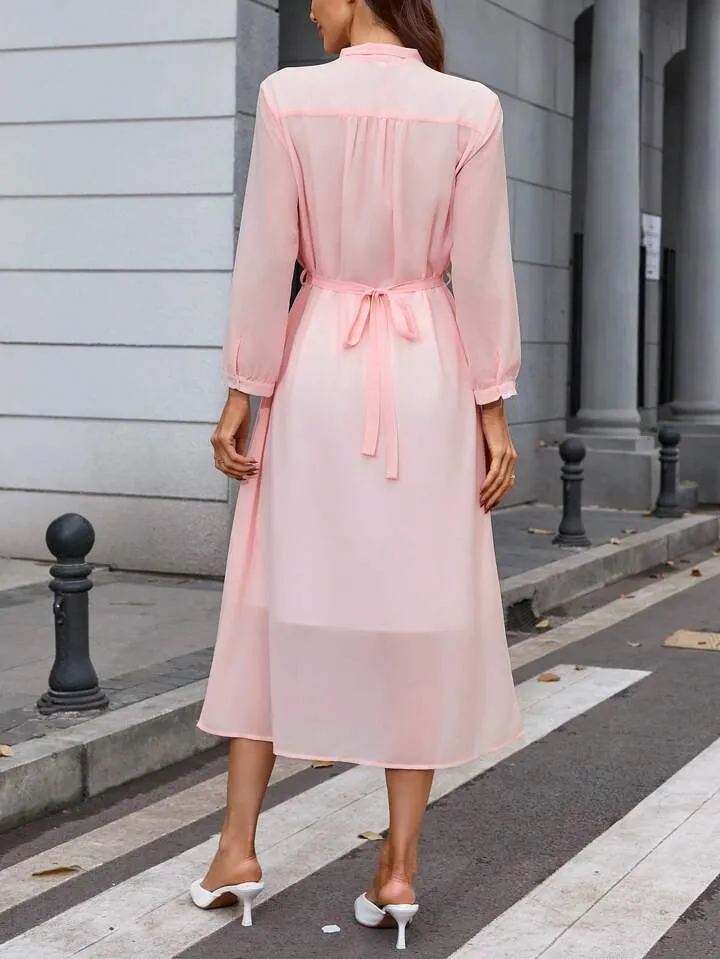 CM-DS818812 Women Casual Seoul Style Bow Tie Neckline Puff Sleeve Midi A-Line Dress - Pink