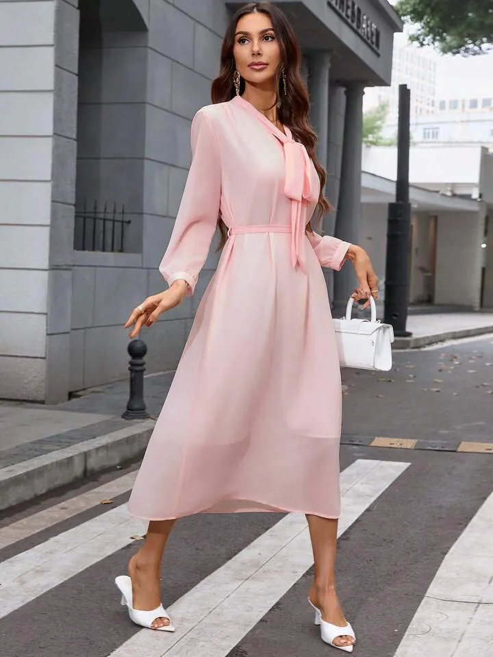 CM-DS818812 Women Casual Seoul Style Bow Tie Neckline Puff Sleeve Midi A-Line Dress - Pink