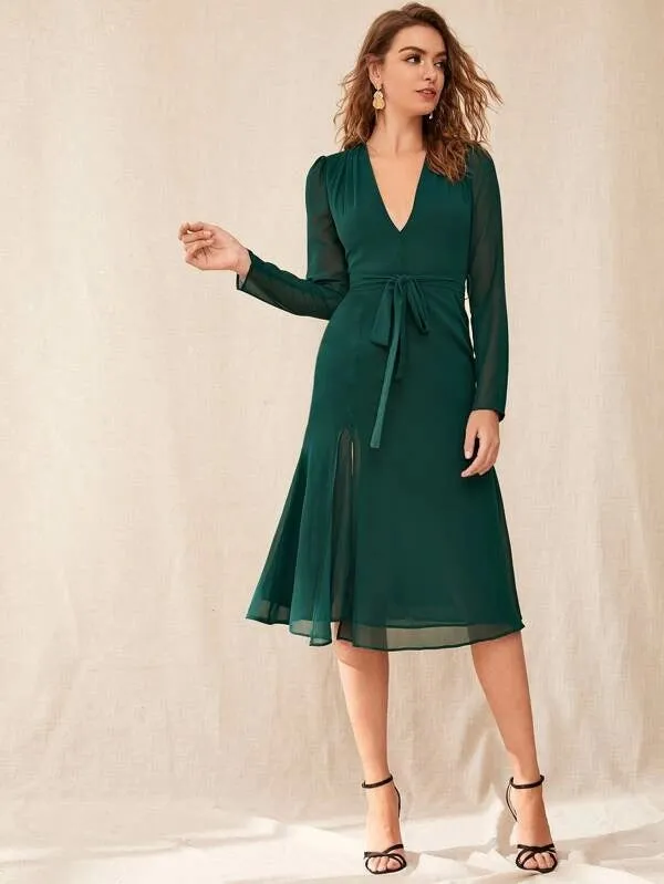 CM-DS905474 Women Casual Seoul Style Surplice Neck Split Hem Belted Chiffon Dress - Green