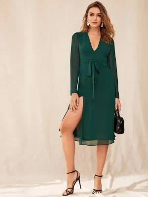 CM-DS905474 Women Casual Seoul Style Surplice Neck Split Hem Belted Chiffon Dress - Green