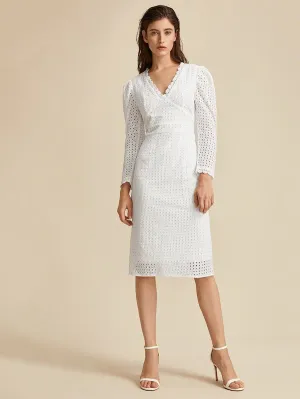 CM-DS916279 Women Elegant Seoul Style Lace Trim Split Back Eyelet Embroidery Dress - White