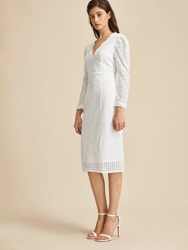 CM-DS916279 Women Elegant Seoul Style Lace Trim Split Back Eyelet Embroidery Dress - White