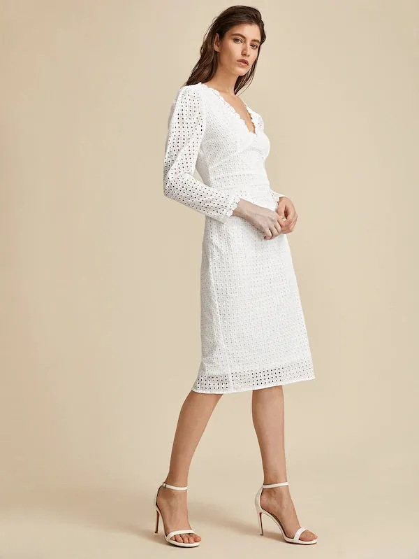 CM-DS916279 Women Elegant Seoul Style Lace Trim Split Back Eyelet Embroidery Dress - White