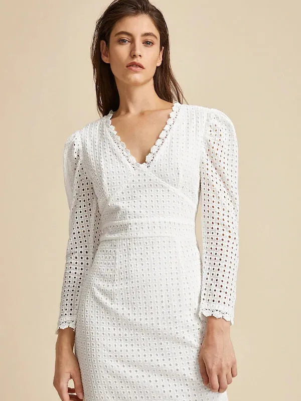 CM-DS916279 Women Elegant Seoul Style Lace Trim Split Back Eyelet Embroidery Dress - White