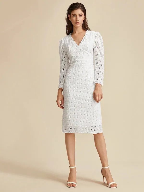 CM-DS916279 Women Elegant Seoul Style Lace Trim Split Back Eyelet Embroidery Dress - White
