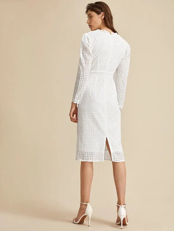 CM-DS916279 Women Elegant Seoul Style Lace Trim Split Back Eyelet Embroidery Dress - White