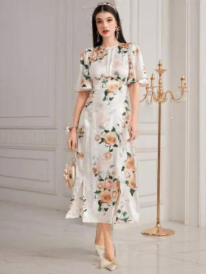 CM-DS969986 Women Elegant Seoul Style Floral Printed Butterfly Sleeve A-Line Dress