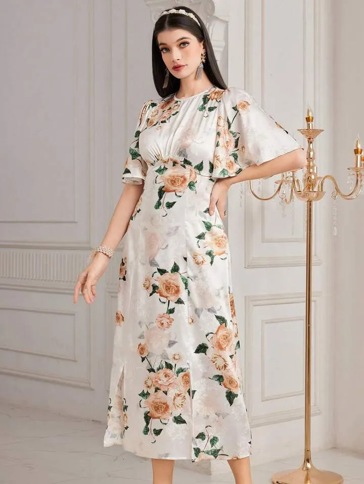 CM-DS969986 Women Elegant Seoul Style Floral Printed Butterfly Sleeve A-Line Dress