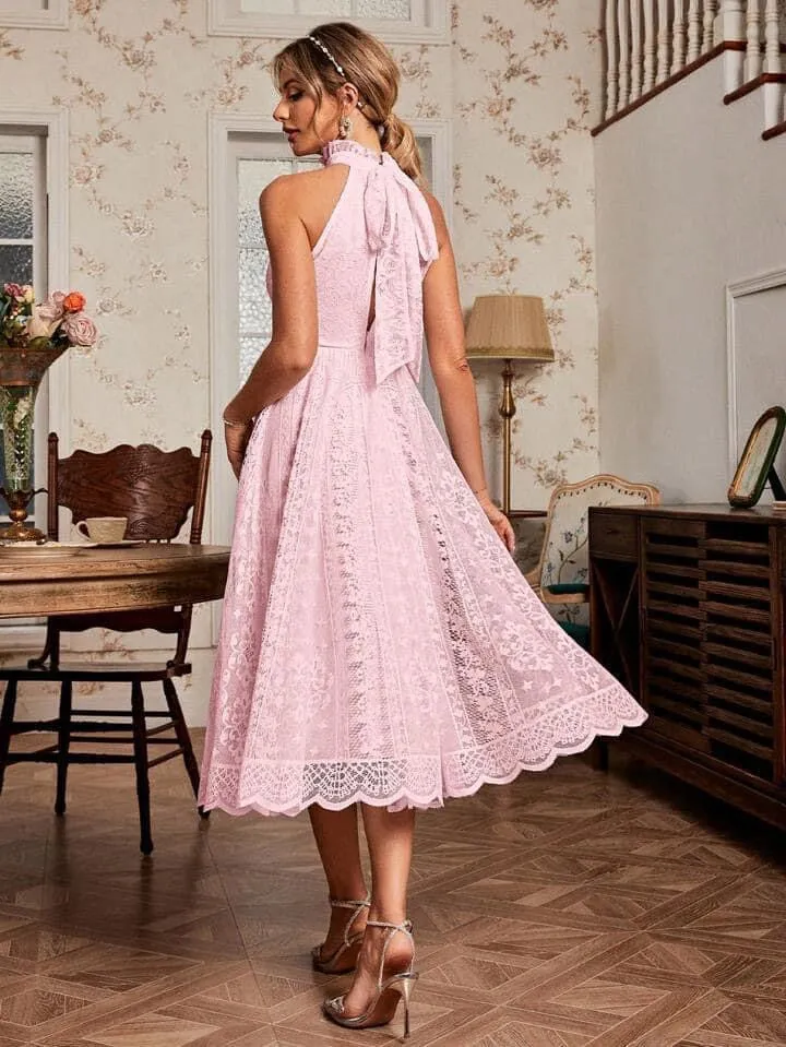 CM-DS999231 Women Elegant Seoul Style Halter Neck Slim Fit Lace Spliced Bodycon Dress - Pink