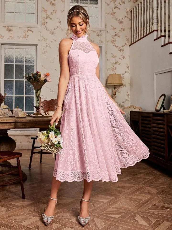 CM-DS999231 Women Elegant Seoul Style Halter Neck Slim Fit Lace Spliced Bodycon Dress - Pink