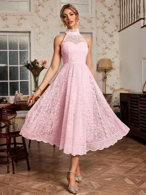 CM-DS999231 Women Elegant Seoul Style Halter Neck Slim Fit Lace Spliced Bodycon Dress - Pink