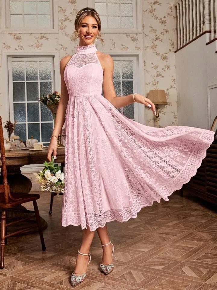 CM-DS999231 Women Elegant Seoul Style Halter Neck Slim Fit Lace Spliced Bodycon Dress - Pink