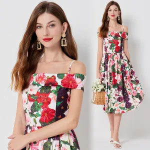 CM-DY011076 Women Elegant European Style Off Shoulder Floral Print High Waist Midi Dress