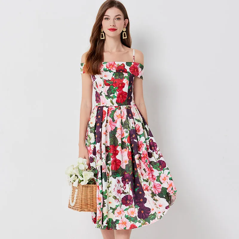 CM-DY011076 Women Elegant European Style Off Shoulder Floral Print High Waist Midi Dress