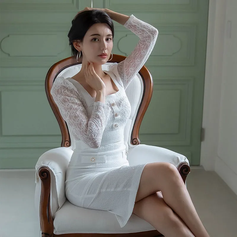 CM-DY027168 Women Casual Seoul Style Square Collar Long Sleeve Midi Dress - White