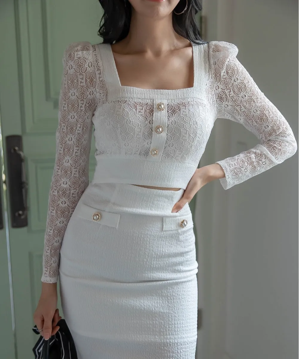 CM-DY027168 Women Casual Seoul Style Square Collar Long Sleeve Midi Dress - White