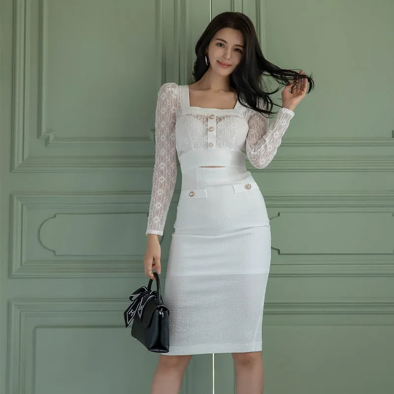 CM-DY027168 Women Casual Seoul Style Square Collar Long Sleeve Midi Dress - White