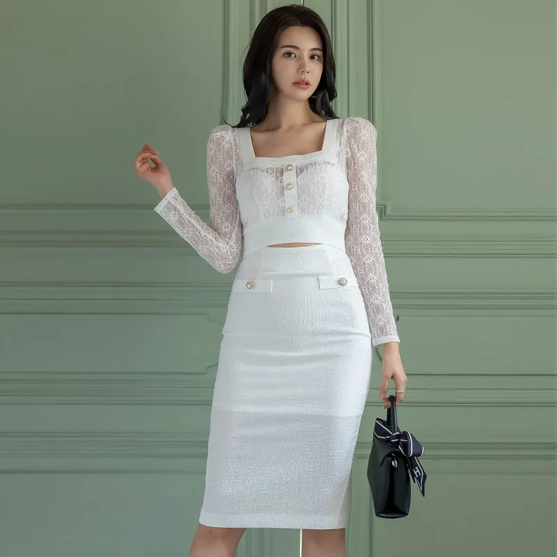 CM-DY027168 Women Casual Seoul Style Square Collar Long Sleeve Midi Dress - White