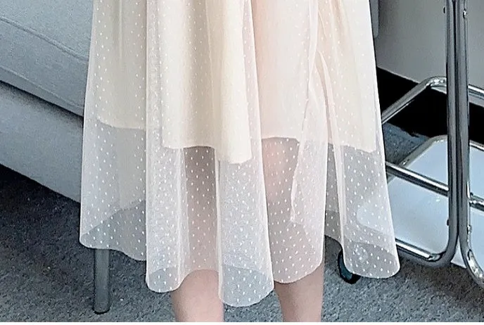 CM-DY068372 Women Elegant Seoul Style Floral Sequins Splice Gauze Dress - Apricot