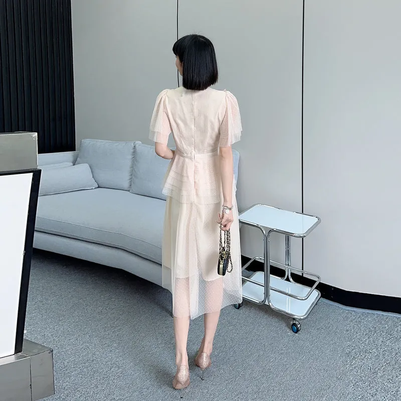 CM-DY068372 Women Elegant Seoul Style Floral Sequins Splice Gauze Dress - Apricot