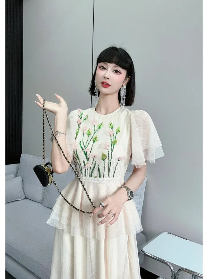 CM-DY068372 Women Elegant Seoul Style Floral Sequins Splice Gauze Dress - Apricot