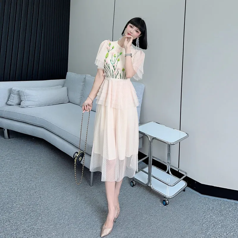CM-DY068372 Women Elegant Seoul Style Floral Sequins Splice Gauze Dress - Apricot