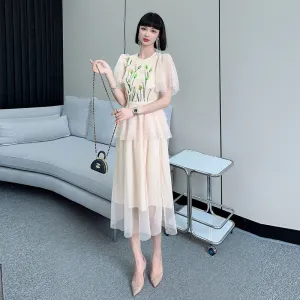 CM-DY068372 Women Elegant Seoul Style Floral Sequins Splice Gauze Dress - Apricot