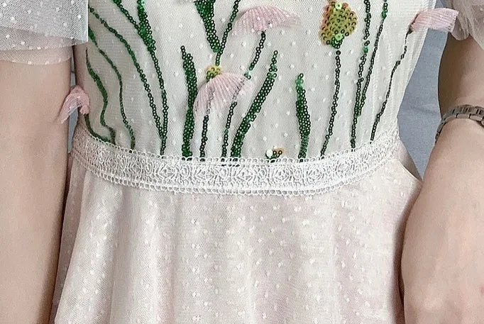 CM-DY068372 Women Elegant Seoul Style Floral Sequins Splice Gauze Dress - Apricot