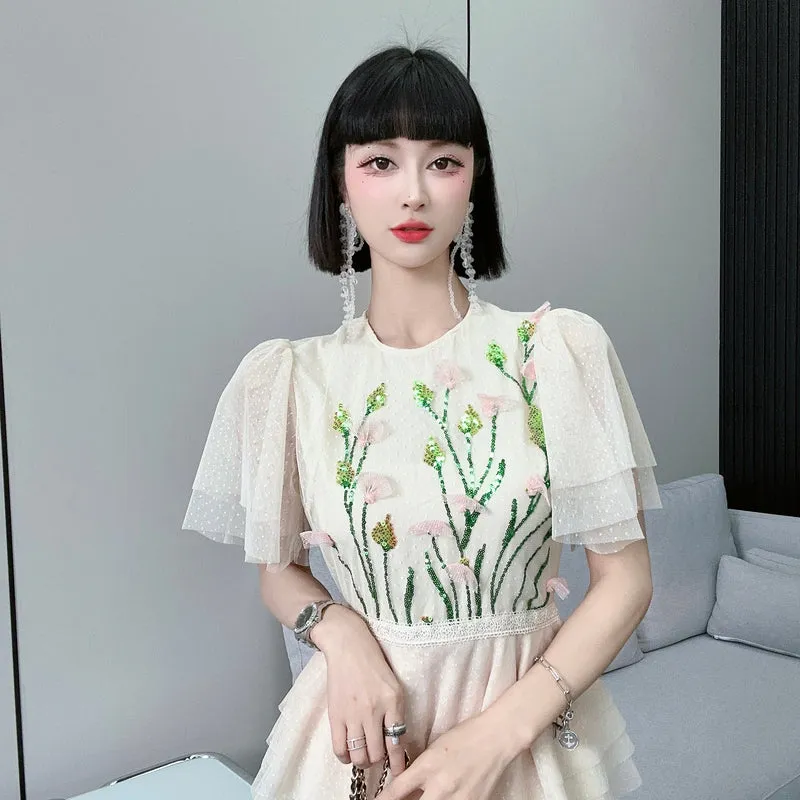 CM-DY068372 Women Elegant Seoul Style Floral Sequins Splice Gauze Dress - Apricot