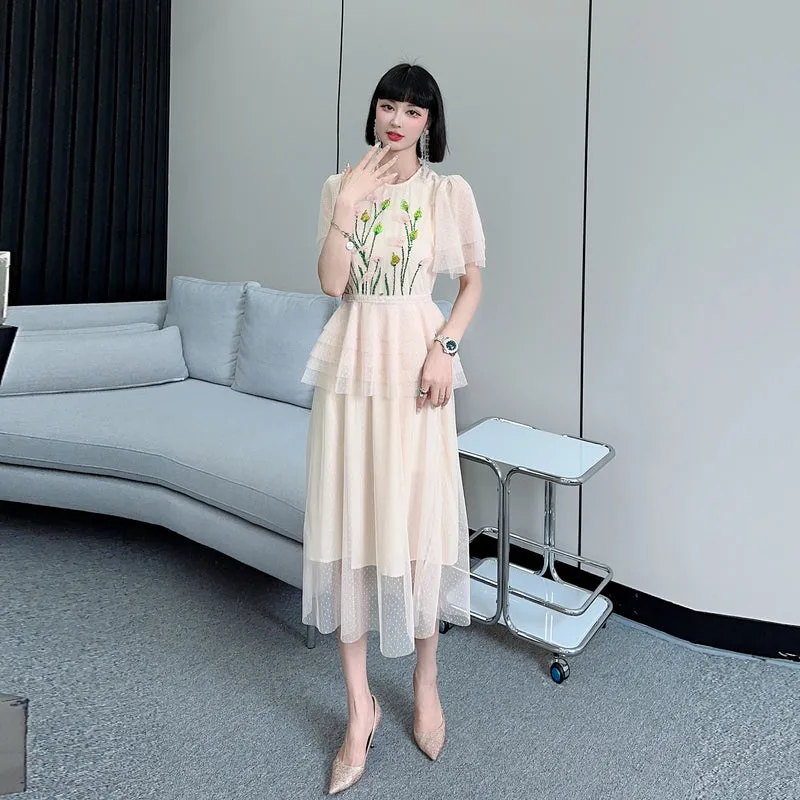CM-DY068372 Women Elegant Seoul Style Floral Sequins Splice Gauze Dress - Apricot