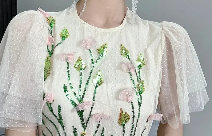 CM-DY068372 Women Elegant Seoul Style Floral Sequins Splice Gauze Dress - Apricot