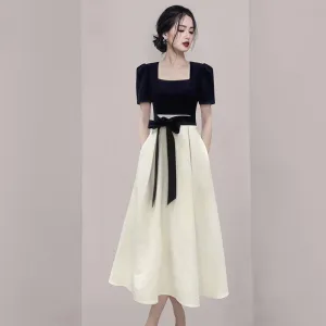 CM-DY069586 Women European Style Square Collar Short Sleeve  Splice Midi Dress