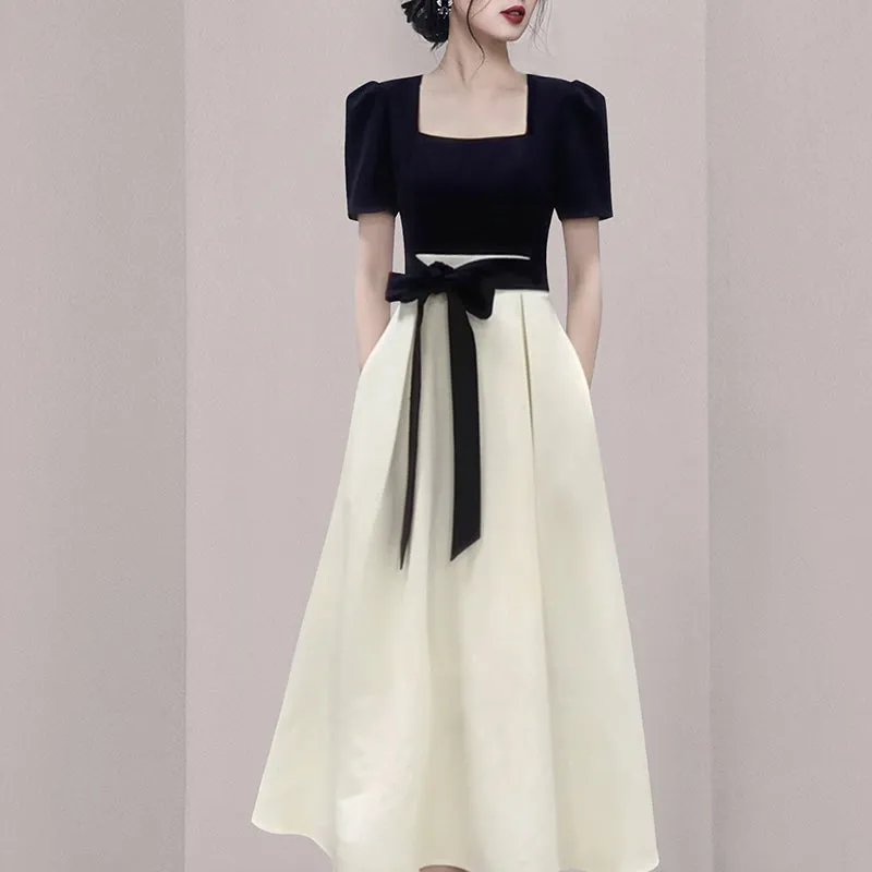CM-DY069586 Women European Style Square Collar Short Sleeve  Splice Midi Dress