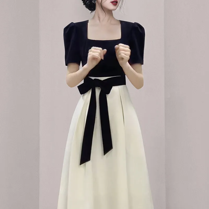 CM-DY069586 Women European Style Square Collar Short Sleeve  Splice Midi Dress