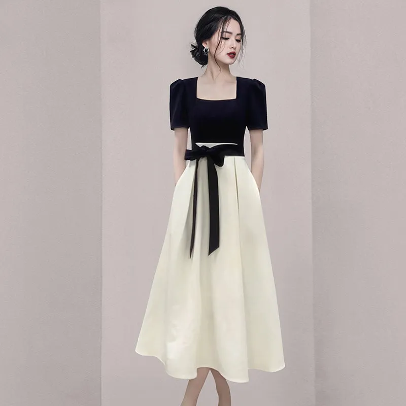 CM-DY069586 Women European Style Square Collar Short Sleeve  Splice Midi Dress