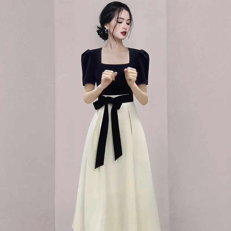 CM-DY069586 Women European Style Square Collar Short Sleeve  Splice Midi Dress