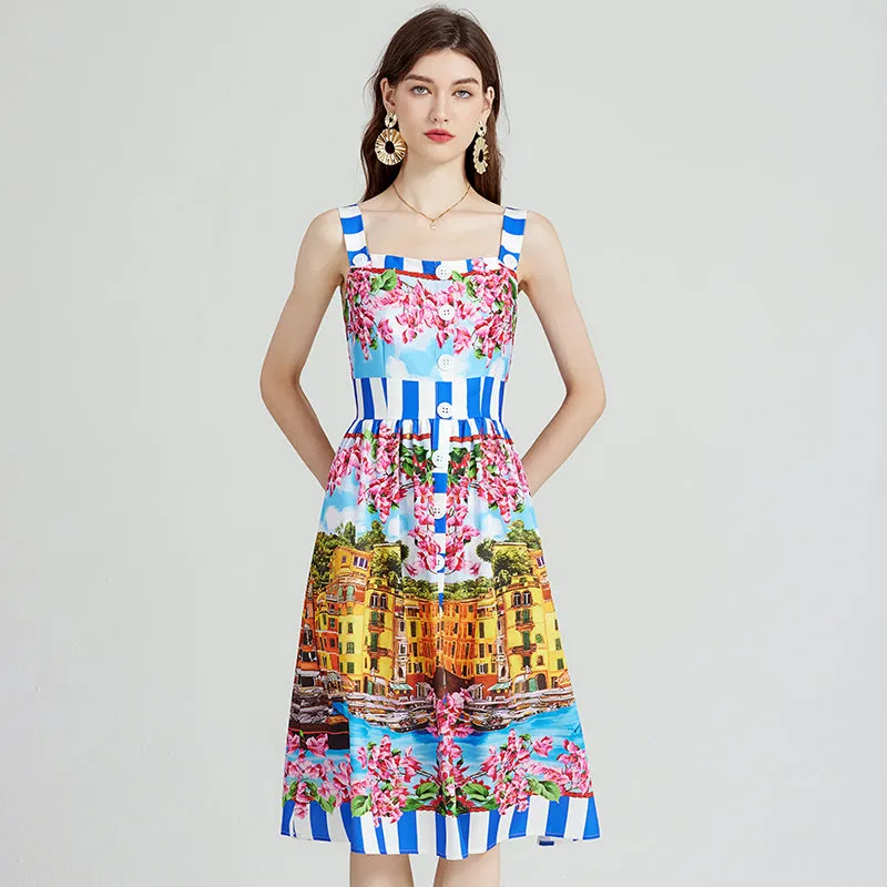CM-DY080975 Women Elegant Euroepan Style Sleeveless Floral Print High Waist Dress