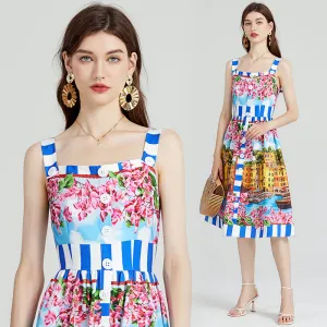 CM-DY080975 Women Elegant Euroepan Style Sleeveless Floral Print High Waist Dress