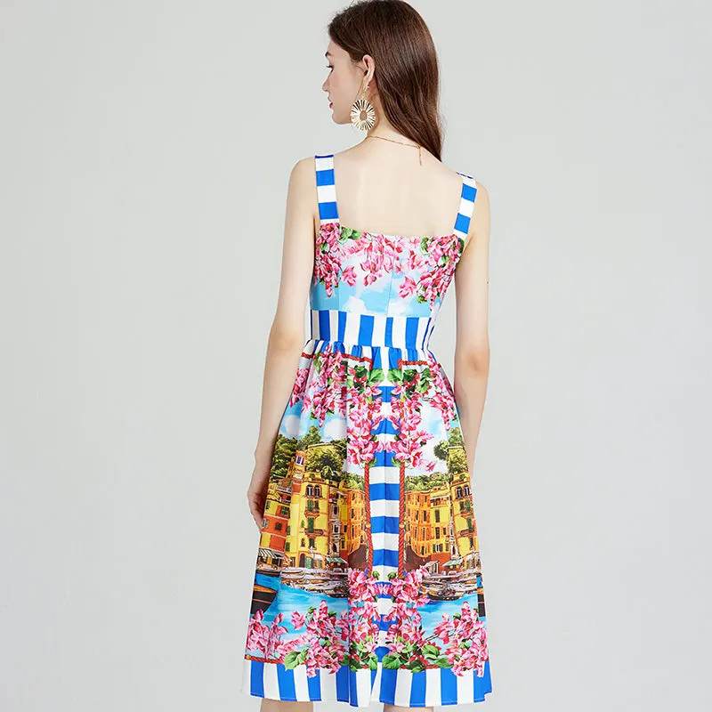 CM-DY080975 Women Elegant Euroepan Style Sleeveless Floral Print High Waist Dress