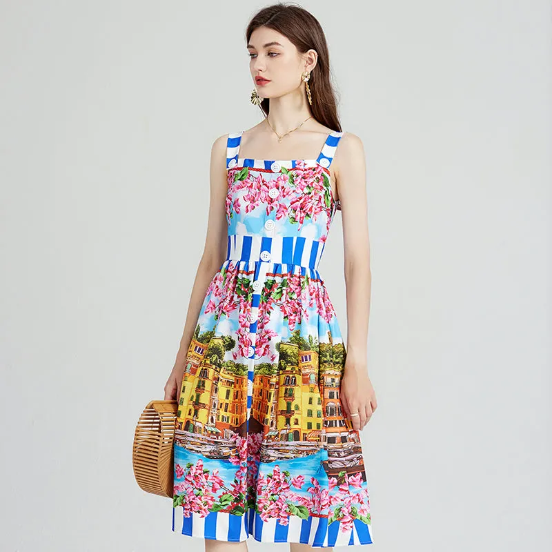 CM-DY080975 Women Elegant Euroepan Style Sleeveless Floral Print High Waist Dress