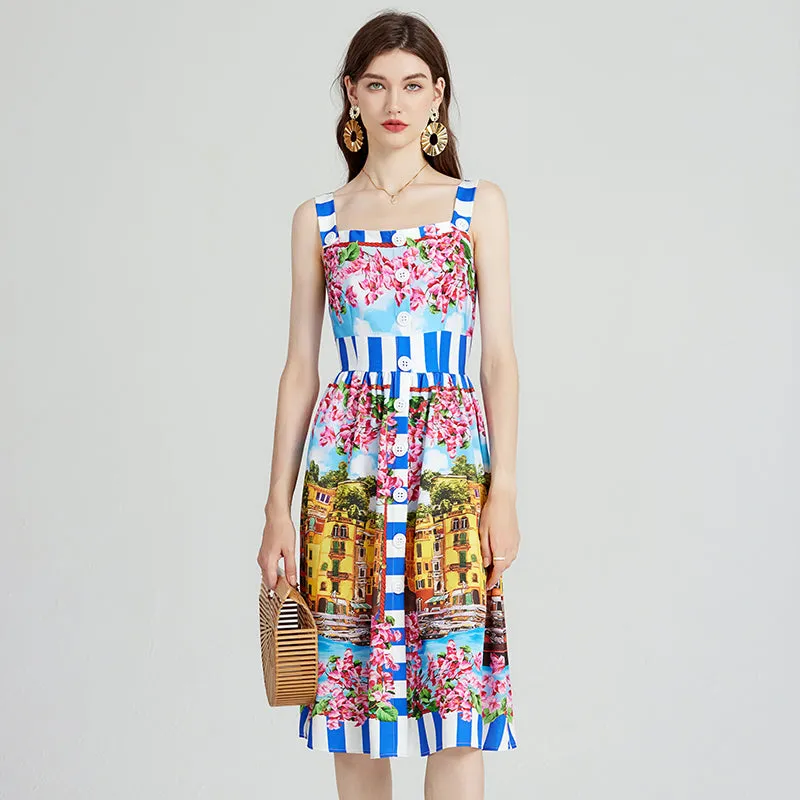 CM-DY080975 Women Elegant Euroepan Style Sleeveless Floral Print High Waist Dress