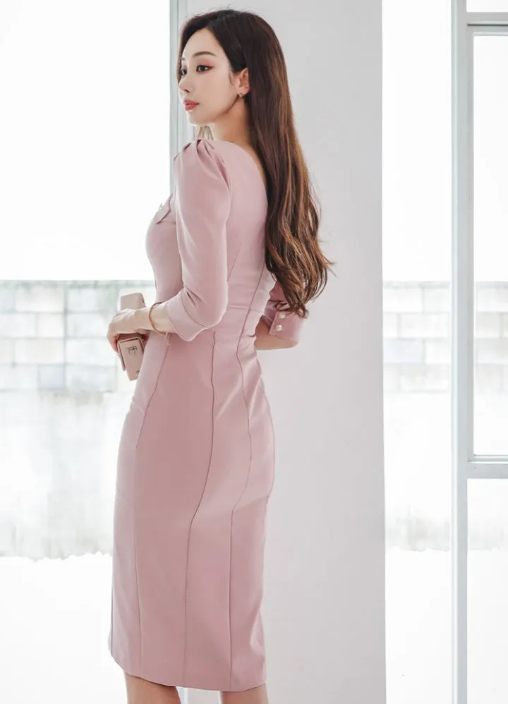 CM-DY082117 Women Elegant Seoul Style V-Neck 3/4 Sleeve Midi Dress - Pink
