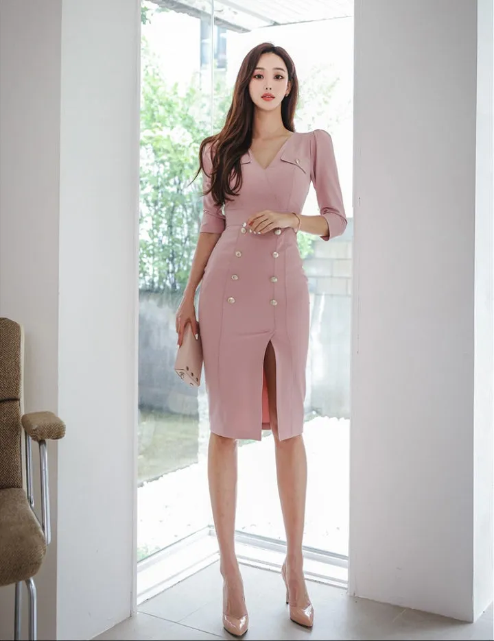 CM-DY082117 Women Elegant Seoul Style V-Neck 3/4 Sleeve Midi Dress - Pink