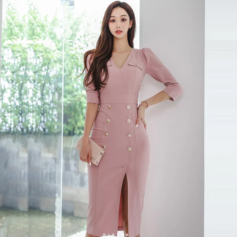 CM-DY082117 Women Elegant Seoul Style V-Neck 3/4 Sleeve Midi Dress - Pink