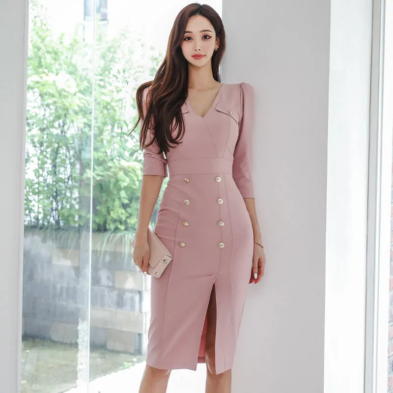 CM-DY082117 Women Elegant Seoul Style V-Neck 3/4 Sleeve Midi Dress - Pink