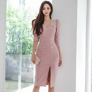 CM-DY082117 Women Elegant Seoul Style V-Neck 3/4 Sleeve Midi Dress - Pink