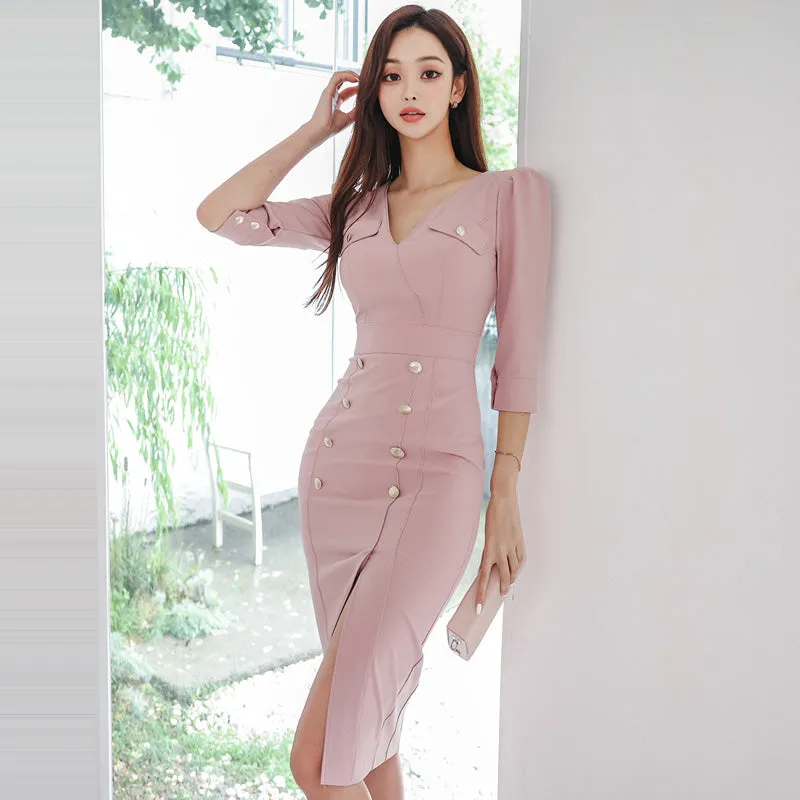 CM-DY082117 Women Elegant Seoul Style V-Neck 3/4 Sleeve Midi Dress - Pink